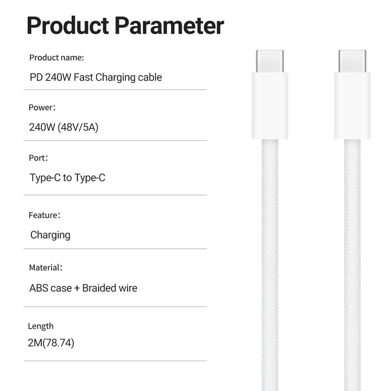 weißes 240‑W-USB‑C-Schnellladekabel, geflochten, 2 m, mit Type‑C-auf-Type‑C-Steckverbindern und langlebigem, geflochtenem Leitungsdesign.