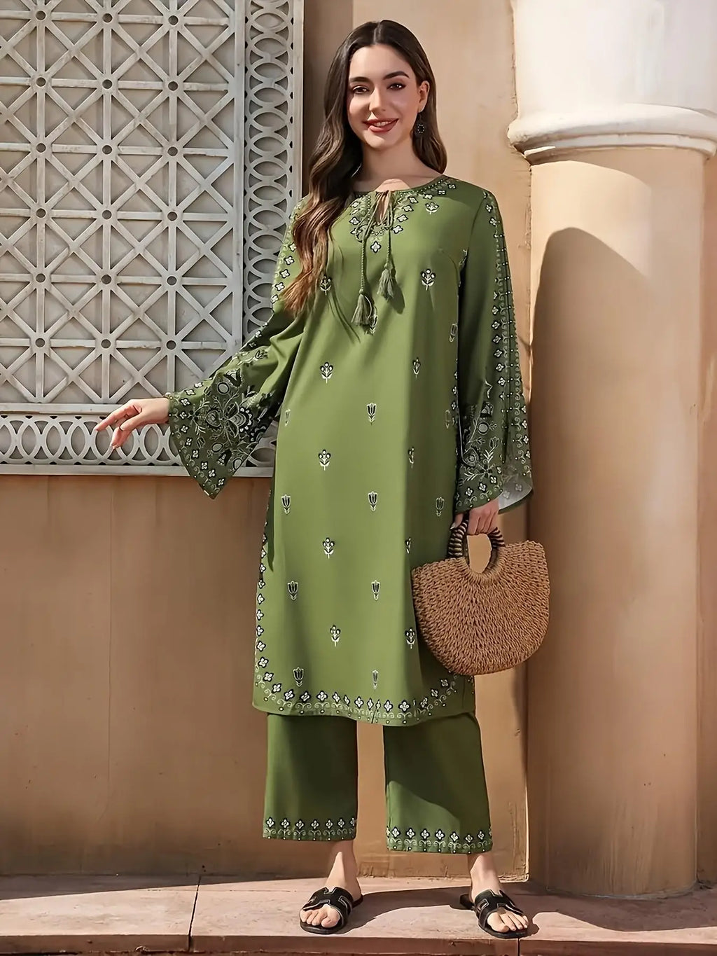 2pcs Boho Chic Ethnic Print Salwar Suit Lightweight Non-See-Through Ramadan Fashion with Flared Cuffs & Hem for Outdoor Events