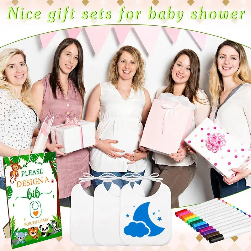 white baby bibs with blue moon and star design from a diy baby shower bib and bodysuit decorating kit suitable for newborns and infants.