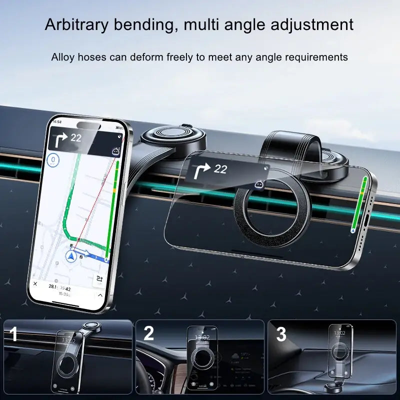 support de téléphone pour voiture en alliage d’aluminium noir avec tuyau flexible et réglage multi-angle, conçu pour une utilisation sur le tableau de bord dans un support de téléphone pour voiture magnétique.