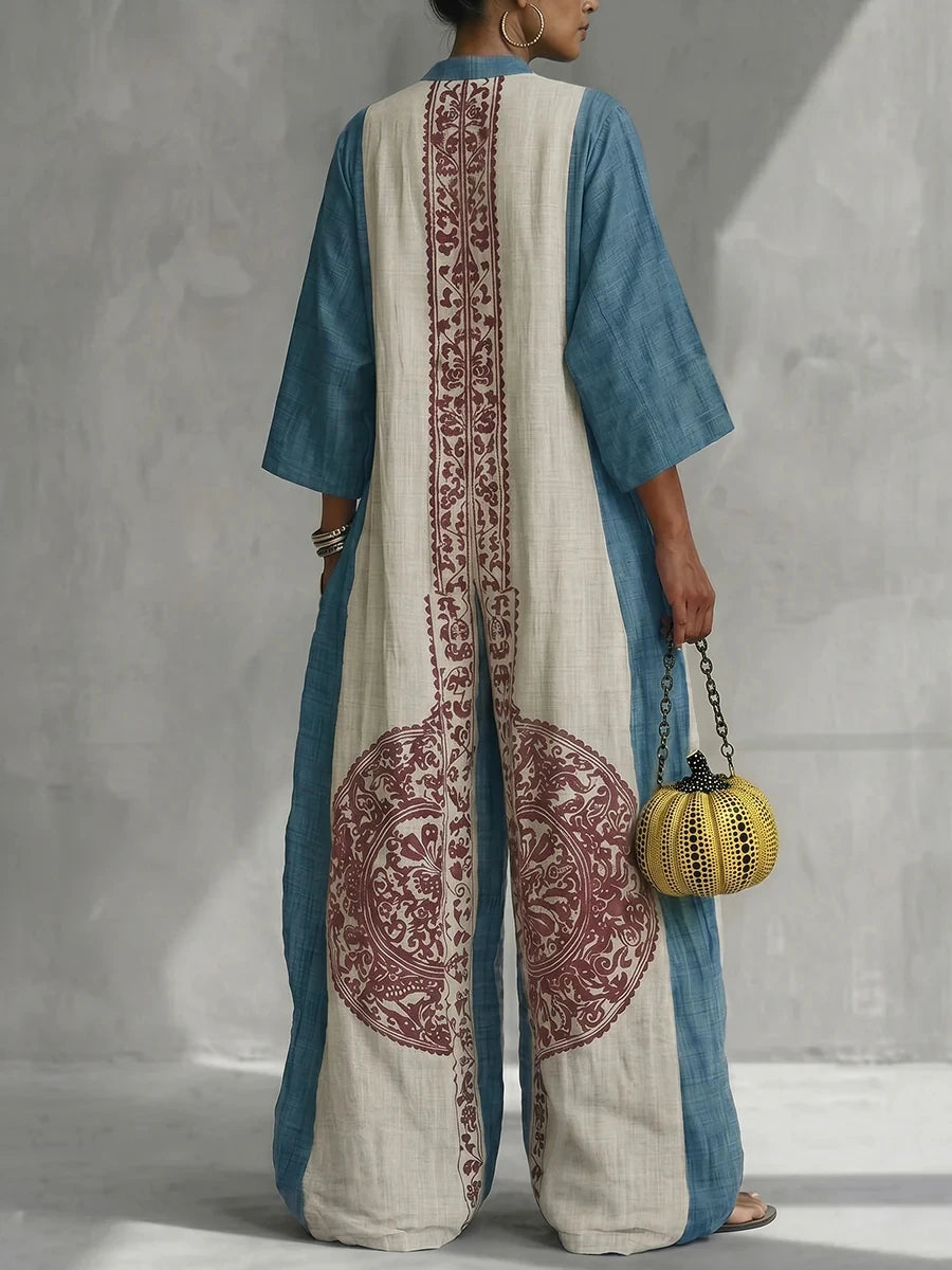 Ethnic Loose Jumpsuit Woman Boho Summer Geometric Print Deep V-Neck Wide Leg Romper Pocket Vintage Casual Vacation Overalls