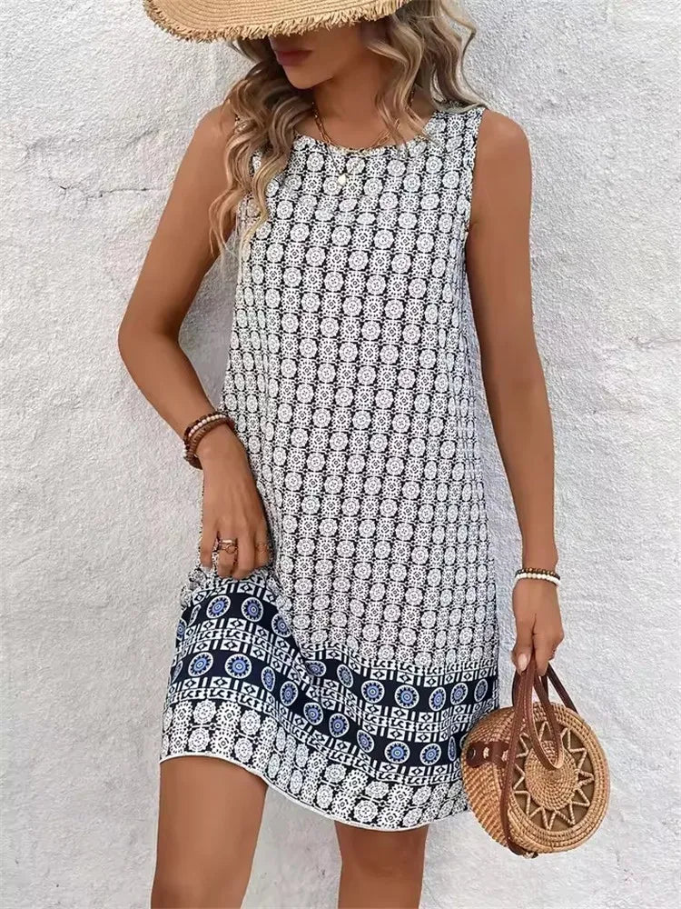 2025 Ethnic Style Women Vintage Pattern Flowers Print Dresses Summer Fashion Sleeveless Dress Casual Sundress Beach Loose Dress