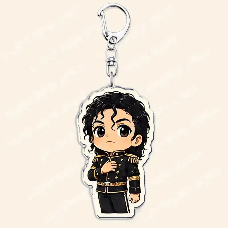 michael jackson chibi acrylic keychain featuring a cartoon depiction of michael jackson in his iconic black and gold military-inspired outfit with curly hair.