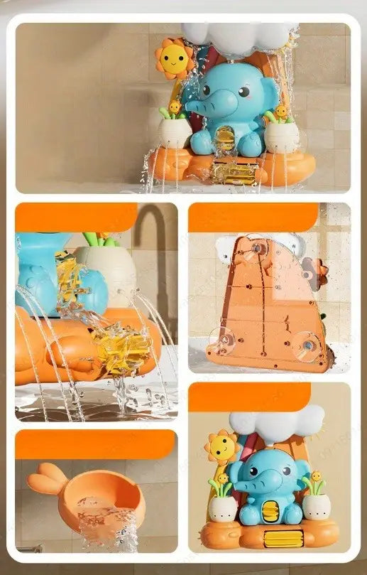 Jouet de bain pour bébé en forme d’éléphant avec roue à eau, de couleur bleue, doté d’une base orange et d’accents jaunes, présentant un personnage soleil souriant sur le dessus.
