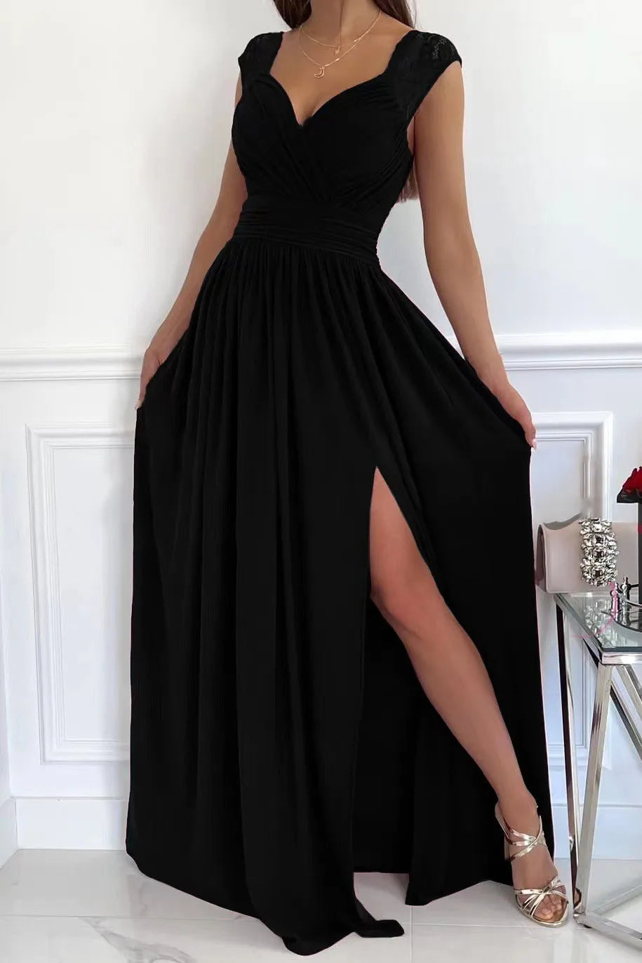 Elegant Evening Dress Women V Neck Lace Shoulder Sleeveless Slit Waist Cinched Pleated Formal Party Prom Maxi Gown