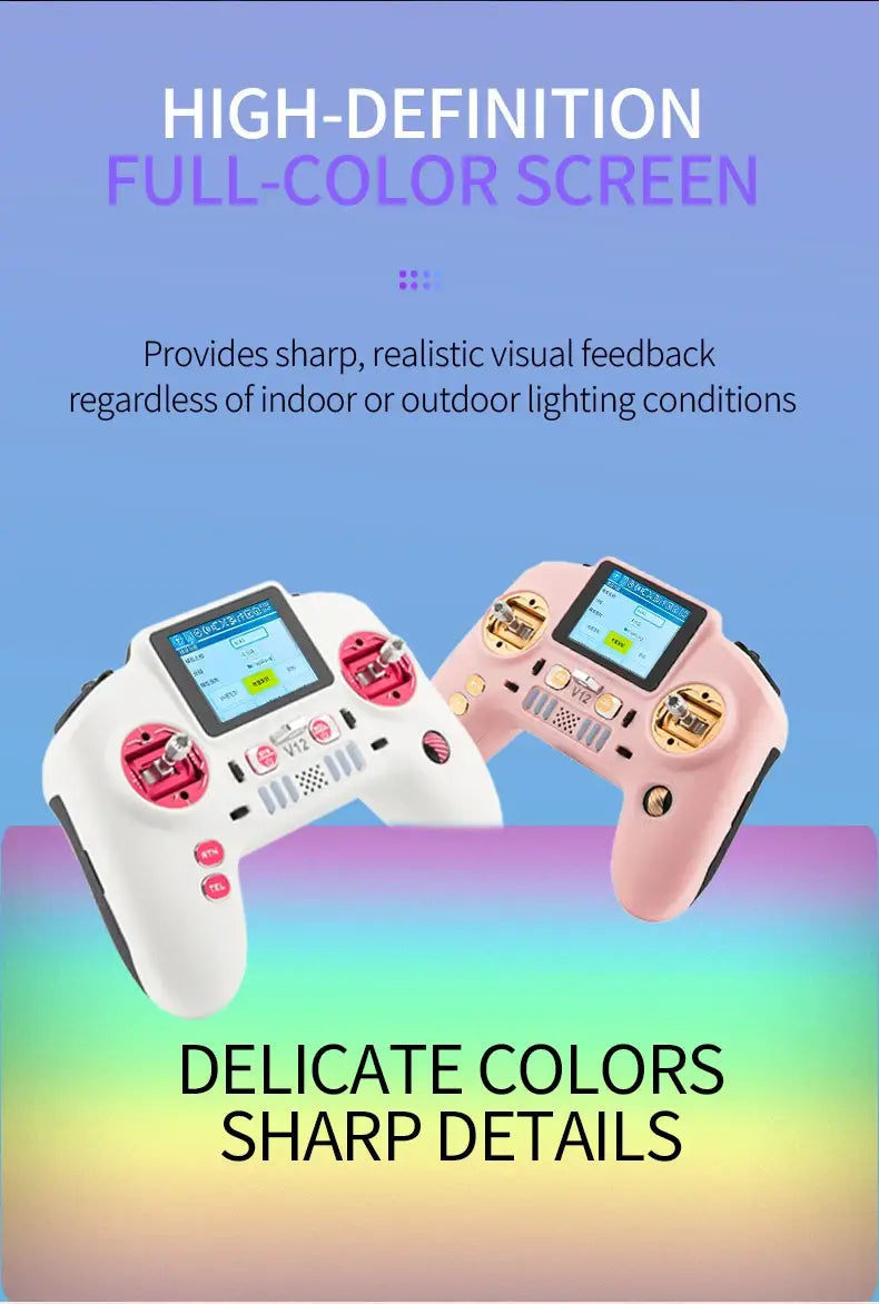 Télécommandes blanches et roses avec accents rouges et écrans pleine couleur haute définition pour la télécommande du transmetteur radio FPV Edgetx V12.