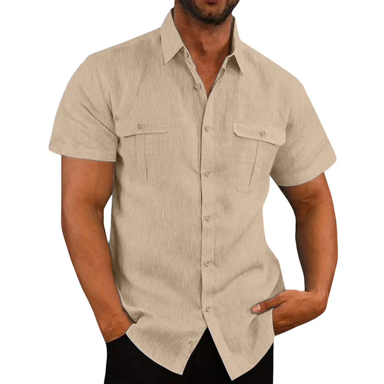 Beige men linen short sleeve shirt with double chest pockets and subtle textured weave suitable for casual summer wear.