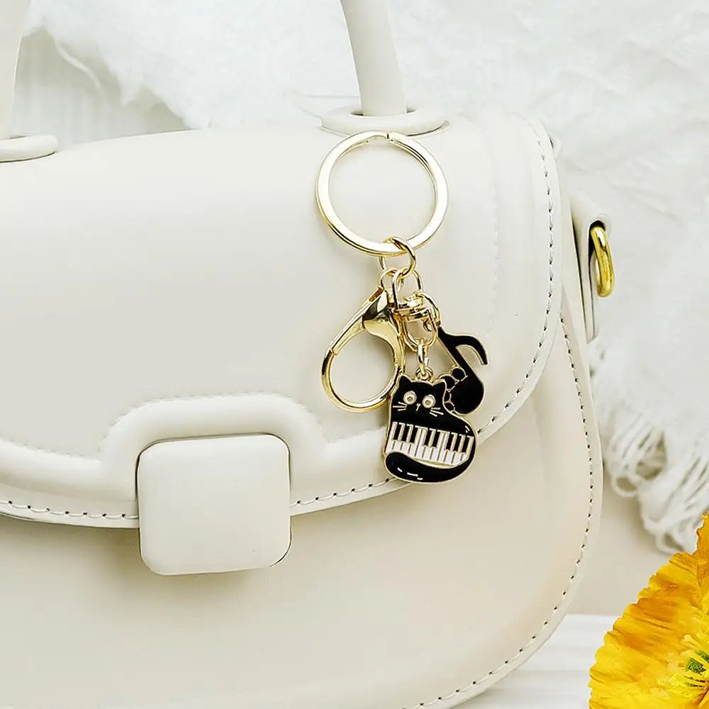 Cute Enamel Keychains Black Cat Music Note Piano Pet Key Rings For Women Men Musician Friend Gift Handbag Decoration Jewelry