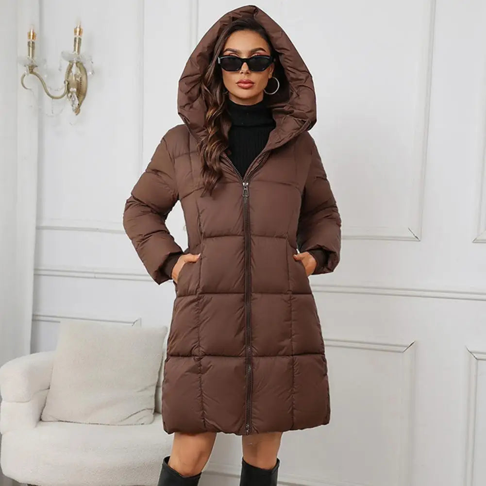 Women Long Hooded Down Jacket Winter Coat Women’s Winter Jacket with Hood Thickened Padded Down Coat Slim Waist Mid-length