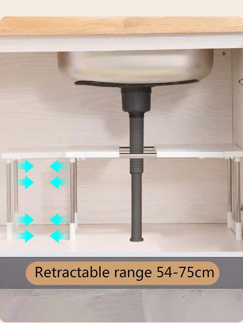 Étagère de séparation à couches réglables et support télescopique pour évier en acier inoxydable, avec embouts en plastique blanc et hauteur réglable pour une plage rétractable de 54 à 75 cm, en tant qu’espace de rangement sous évier.