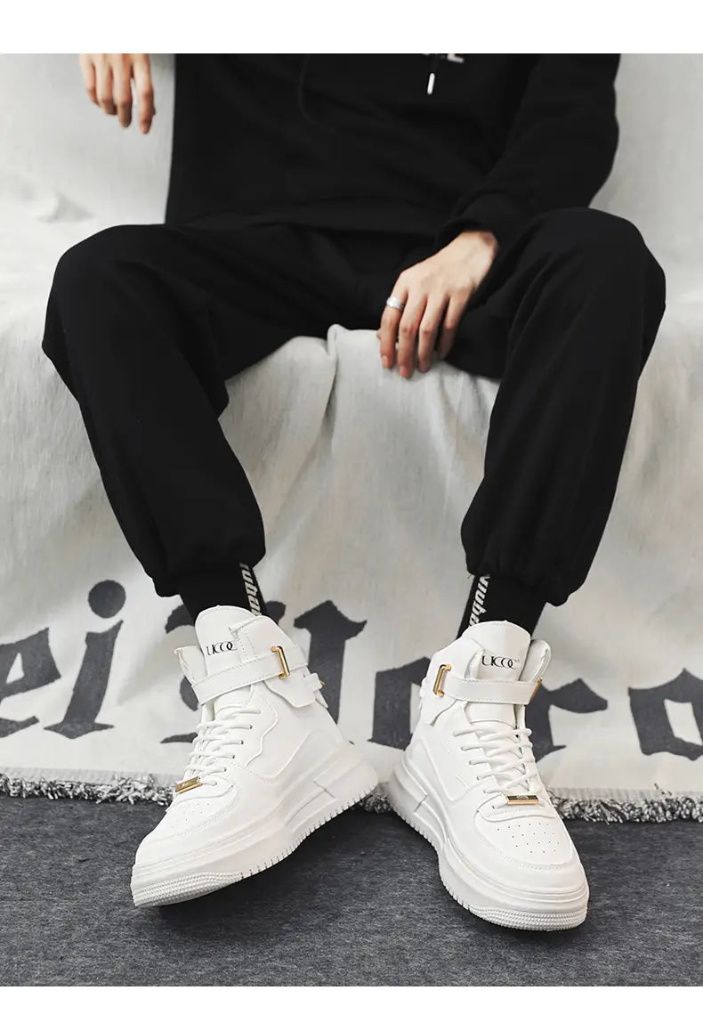 Men white high top sneakers featuring chunky gold buckle metal accents and laces with a clean modern design.