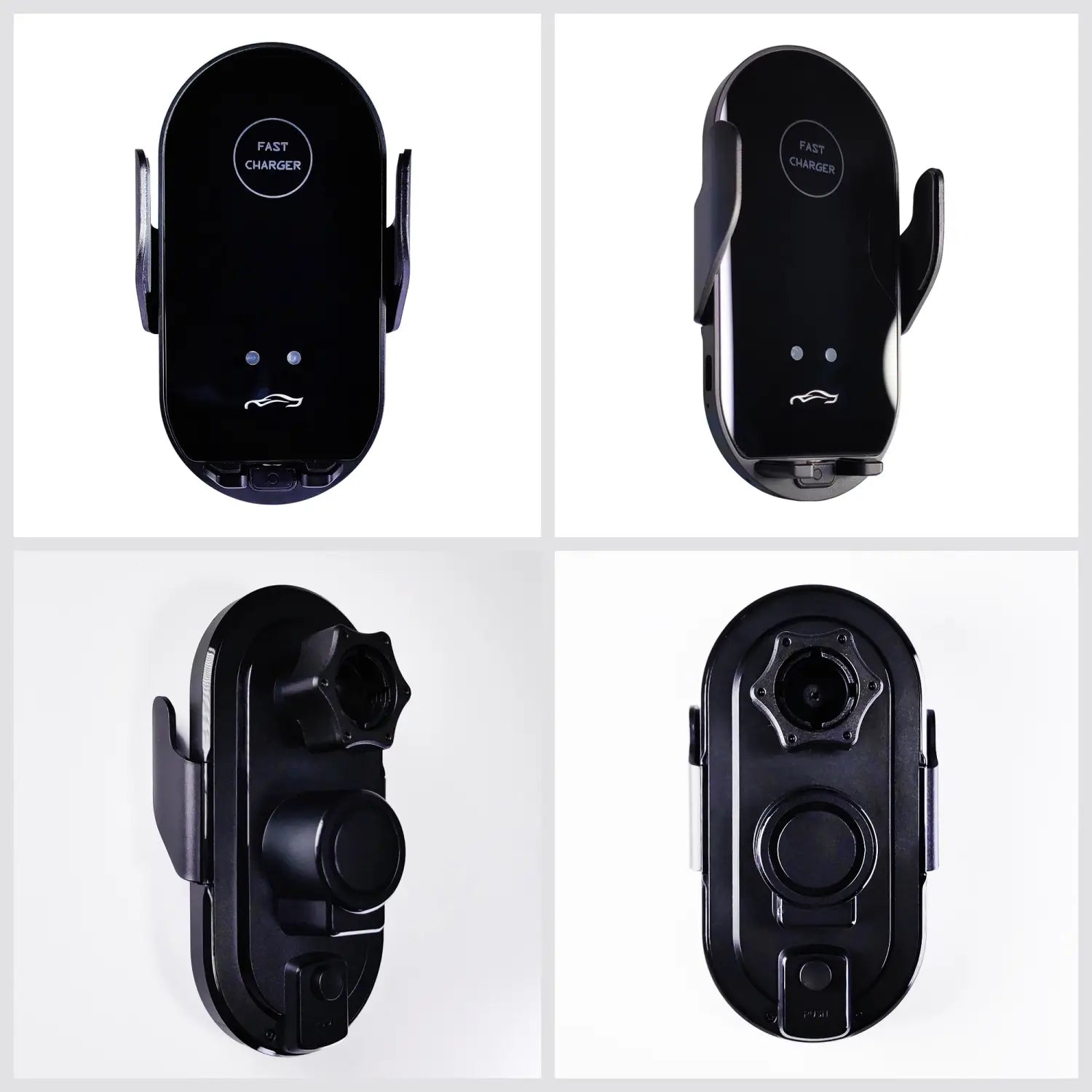 Support de téléphone Ford F150 en plastique noir avec montage de charge sans fil, design ovale élégant et pinces réglables pour la charge magnétique.