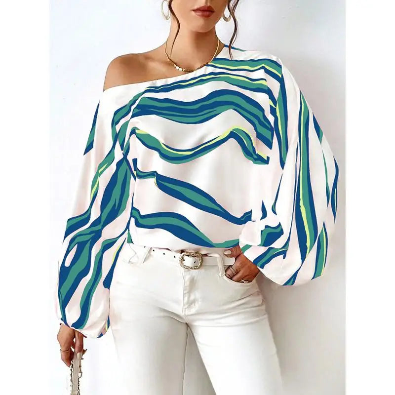 Fashion Long Sleeve Sexy Off Shoulder Shirts women Slash Neck Printed Loose Casual Blouses Women Elegant Simple Lady Shirt Tops