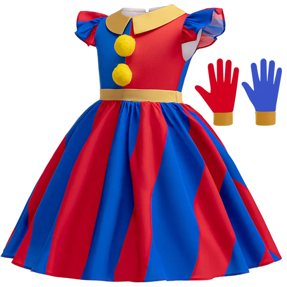 Pomni clown costume dress in vibrant red and blue striped snow white fabric with yellow accents, puffy sleeves, gold collar, two large yellow pom-pom buttons, matching gloves, and size chart.