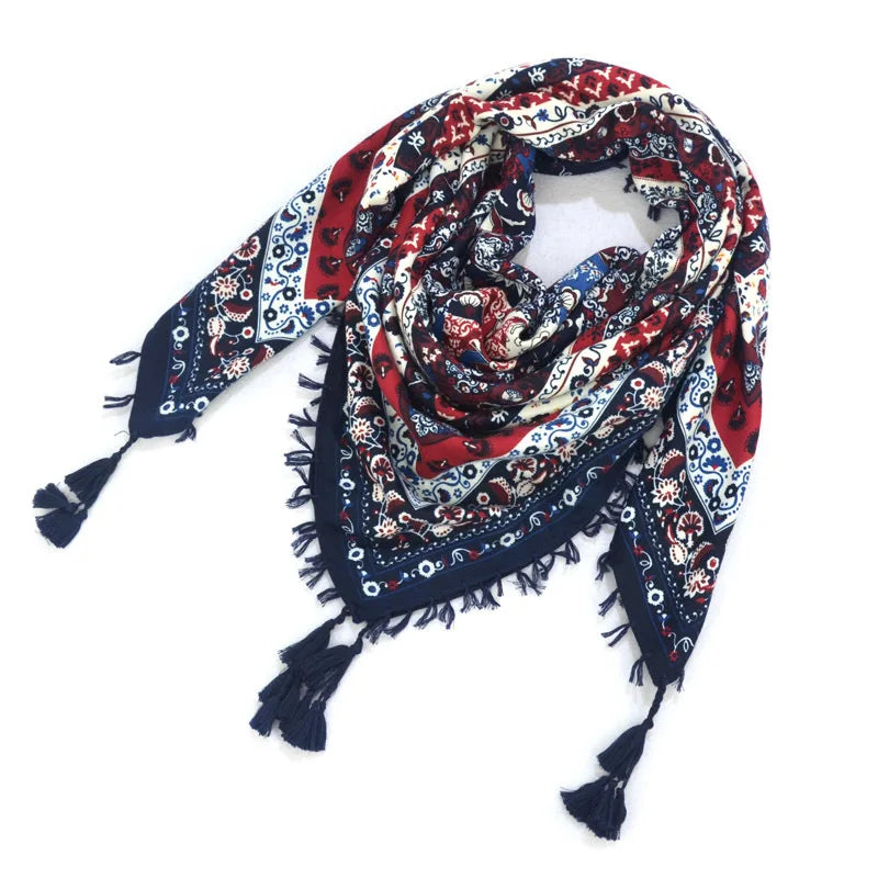 Bohemian Scarf Women Winter Wrap Shawl Retro Floral Tassel Female Scarf Big Square Scarf Cotton Foulard Handkerchief