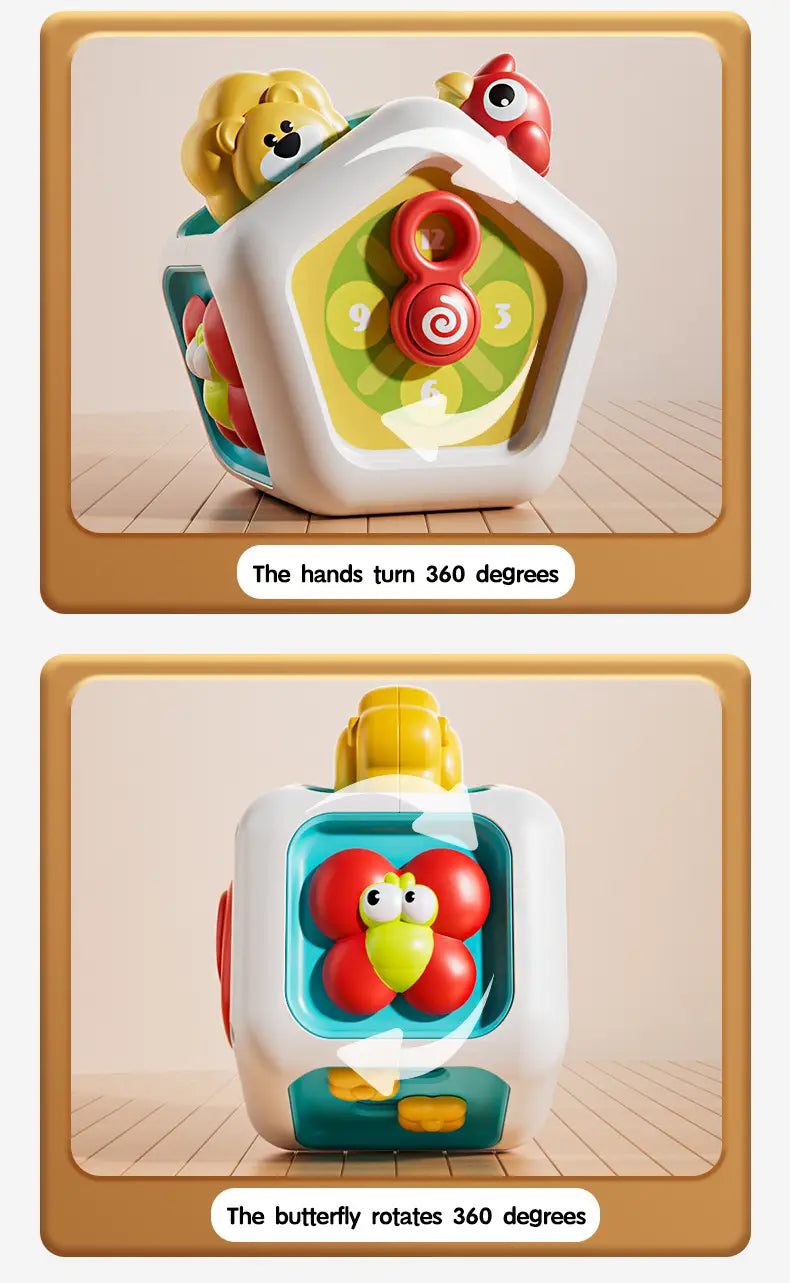 Jouet de voyage cube d’occupation Montessori en plastique blanc, avec des figurines d’animaux colorées et des éléments interactifs rotatifs pour un jeu éducatif.