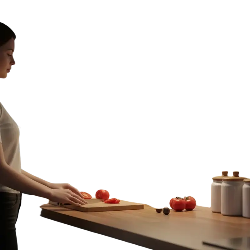 Una lámpara lineal LED recargable por USB con sensor de movimiento mostrada sobre una tabla de corte de madera clara, junto con tomates rojos en rebanadas y tomates enteros
