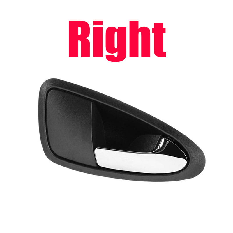 Black plastic front inner car door handle with chrome accent for Seat Ibiza model years 2009 to 2012.