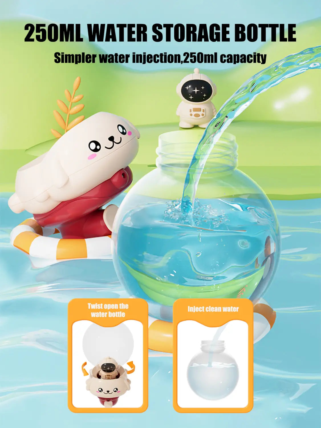 Eine transparente, kugelförmige Wasseraufbewahrungsflasche mit 250 ml Volumen, mit einem niedlichen weißen Verschluss in Form einer Dichtung und roten Akzenten, ausgelegt als Baby-Bade-Spielzeug zum Versprühen von Wasser in Elefantenform.