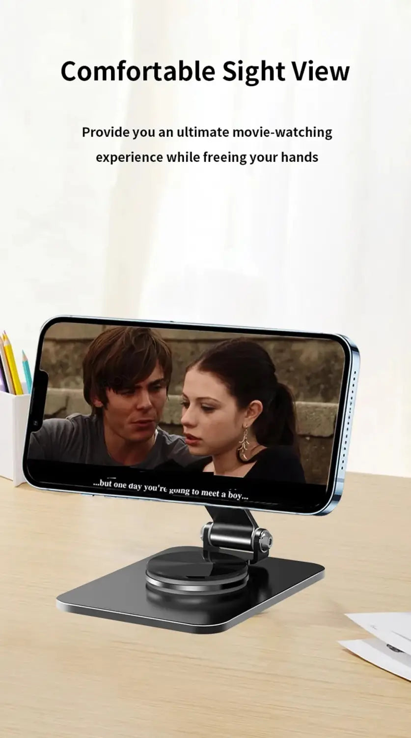 Soporte magnético para teléfono en color negro con brazo ajustable y base circular mostrado desde un ángulo lateral, diseñado como soporte para teléfono para los modelos iPhone pro max.
