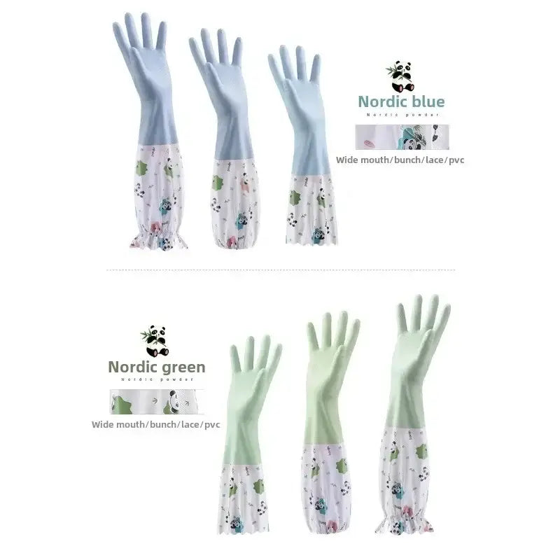waterproof kitchen gloves for cleaning made of light blue and mint green pvc with a floral-patterned lace cuff.