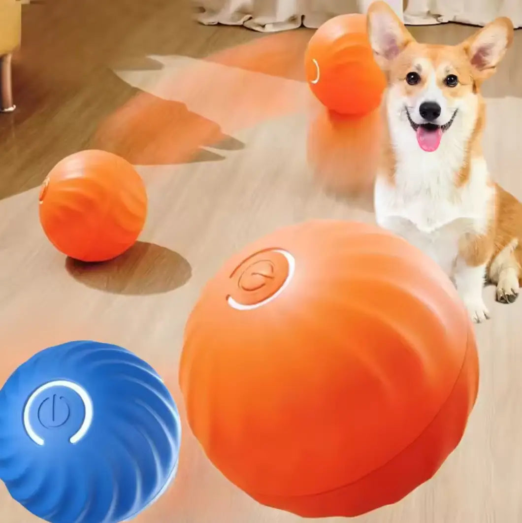 オレンジと青のスマートなインタラクティブ犬用おもちゃで、触感のある表面と発光する電源ボタンを備え、充電式の自動転がしボールとして設計されており、ペットの遊びを引き立てます。