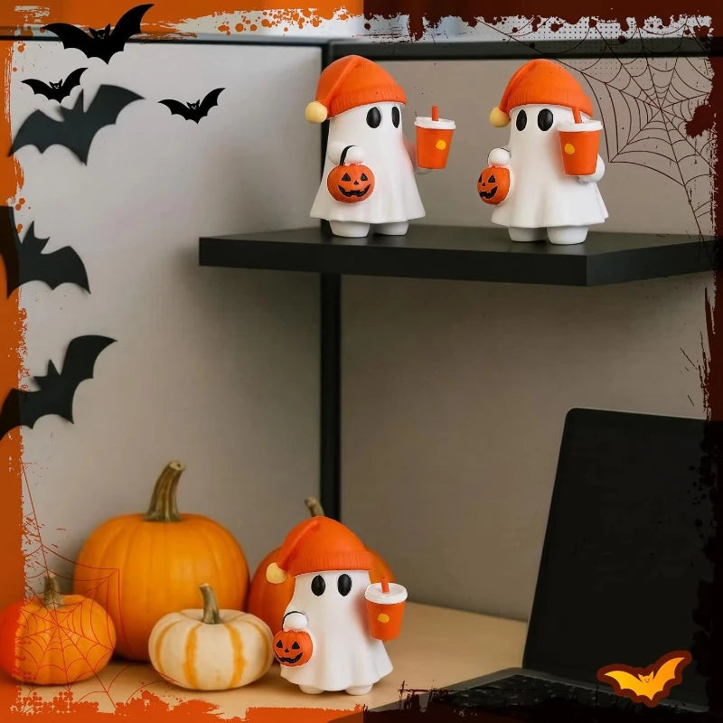 Halloween Ghost Statue Cute Resin Figurine Pumpkin Bucket Orange Drink Cup Tabletop Home Office Gift Decor