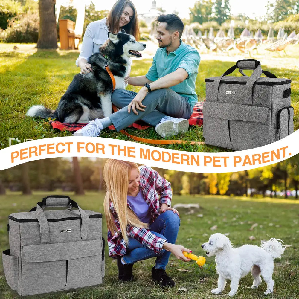 Sac fourre-tout pour chien parent en tissu gris à texture, avec bordure noire et poignées, doté d’une fermeture éclair, pour une utilisation pratique comme sac de voyage.