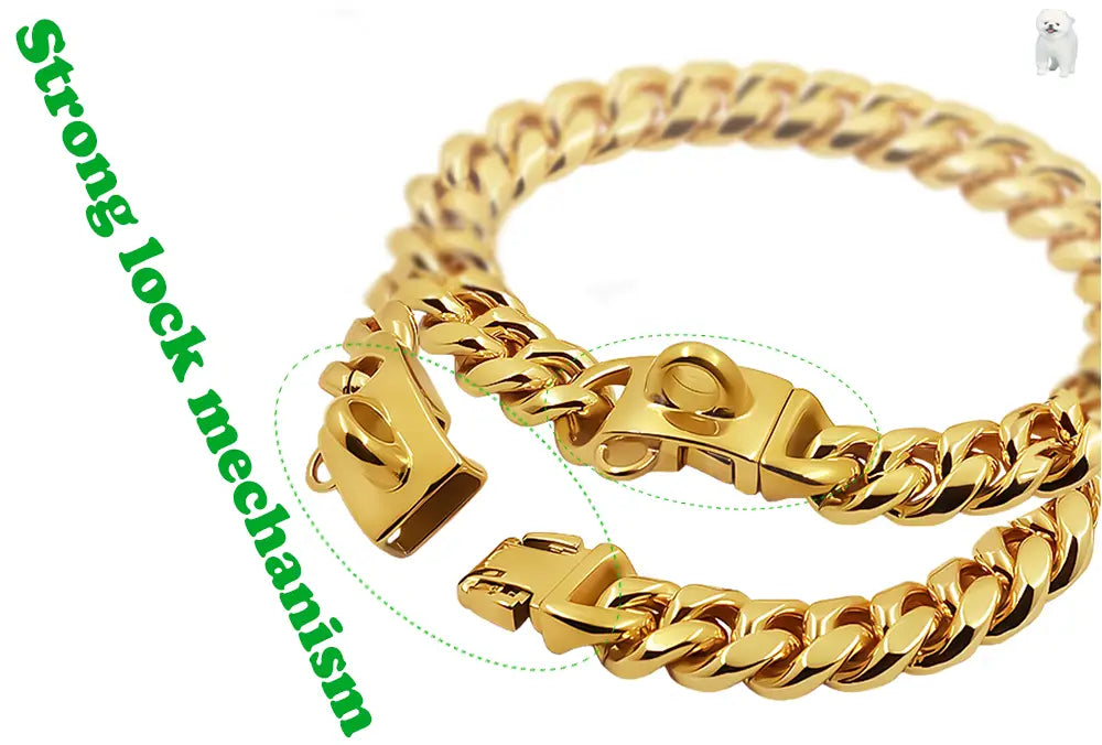 Collar para perro de acero inoxidable color dorado que presenta un diseño de eslabón cubano con un mecanismo de cierre rectangular resistente.
