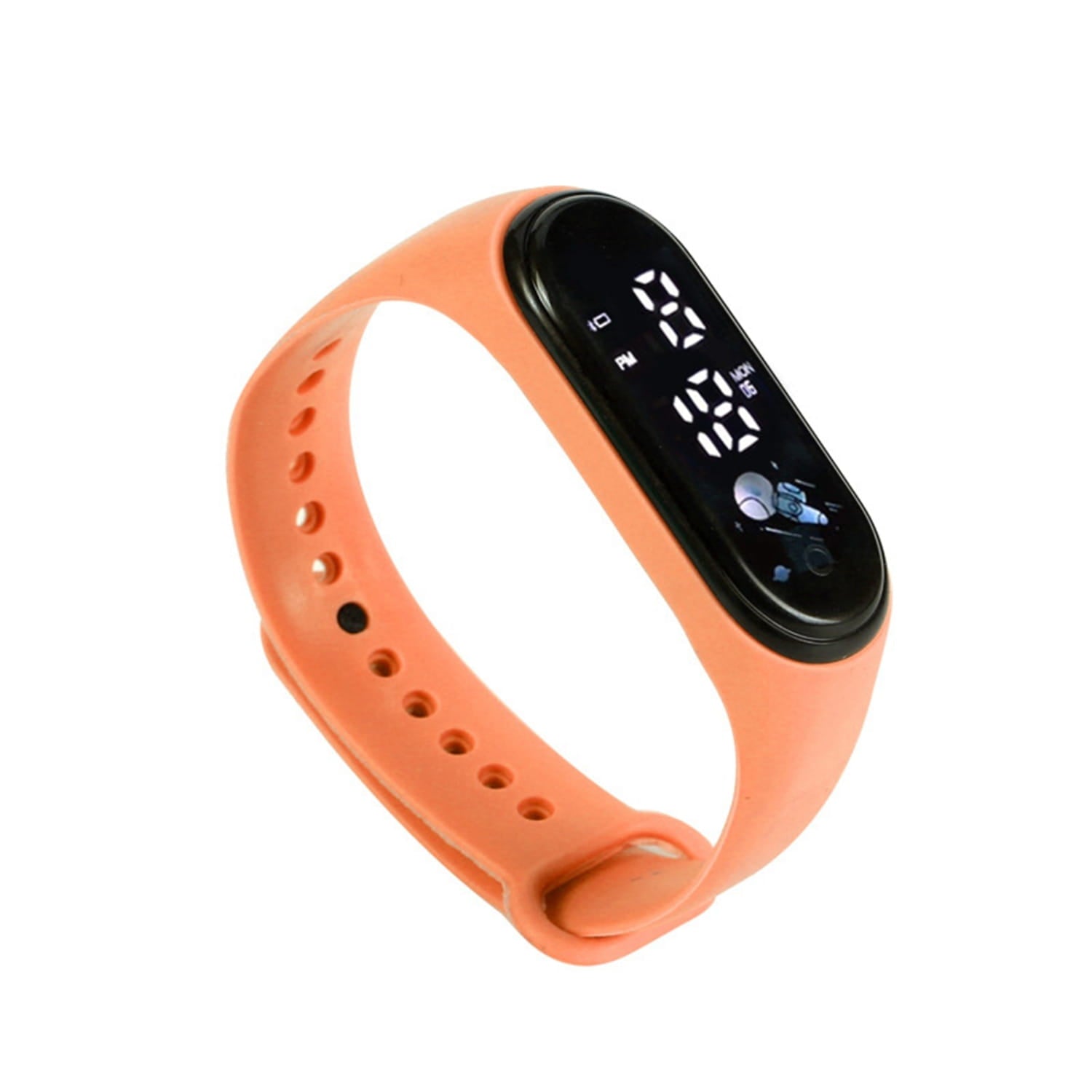 Kids digital led silicone sports watch featuring an orange silicone wristband with a black digital display showing time and date.