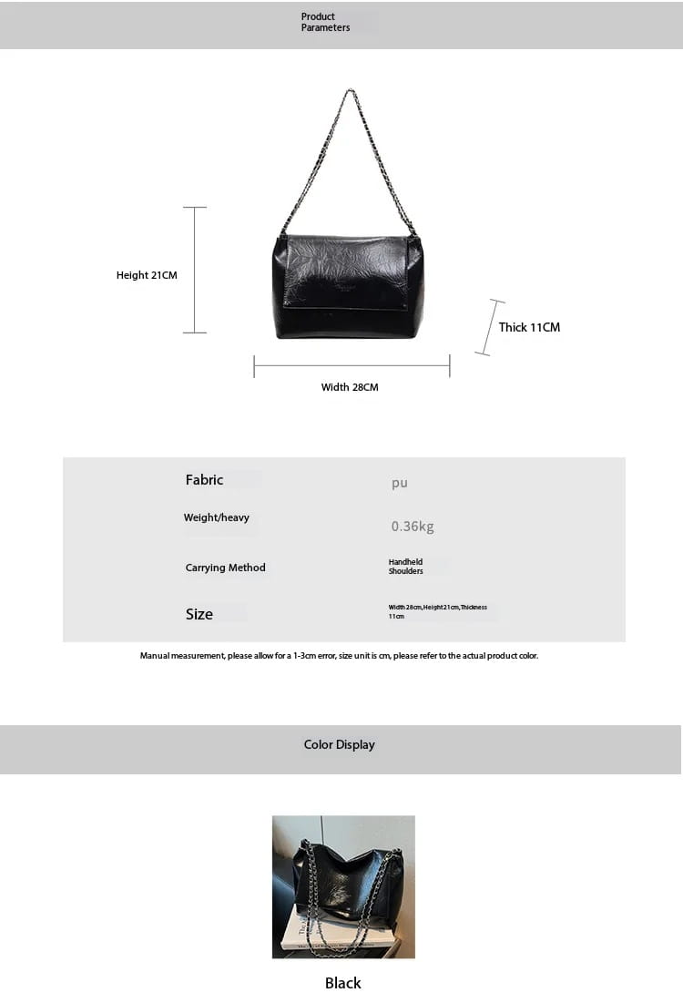 Bolso bandolera negro de piel sintética (PU) con correa de cadena, gran capacidad, para un uso versátil en la colección de bolsos bandolera.