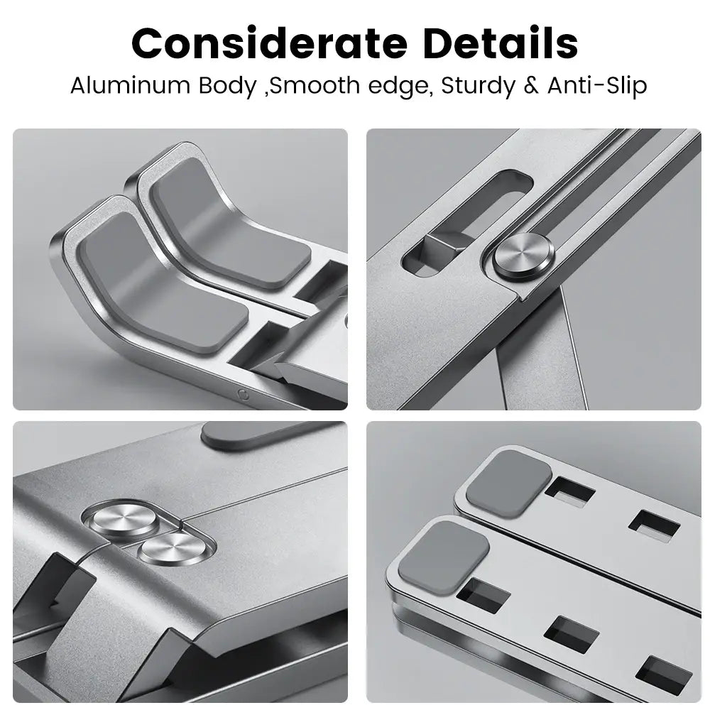 Silver aluminum adjustable laptop stand with smooth edges and anti-slip rubber pads ergonomic holder for improved workspace comfort.