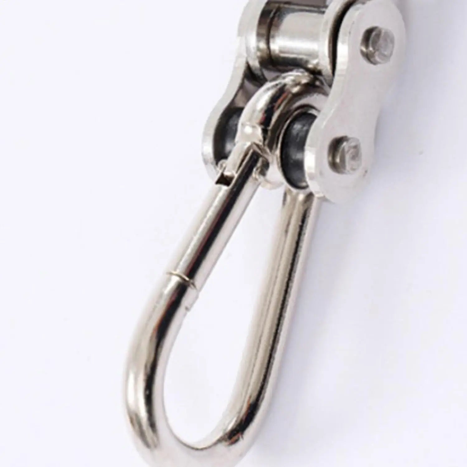 Shiny silver metal carabiner with a chain link attachment for arm wrestling training equipment forearm grip exerciser.
