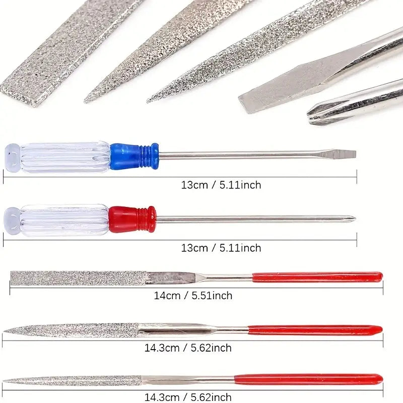 model tool set for hobby craft assembly featuring metal files and screwdrivers with textured abrasive surfaces and clear plastic handles with blue and red grips