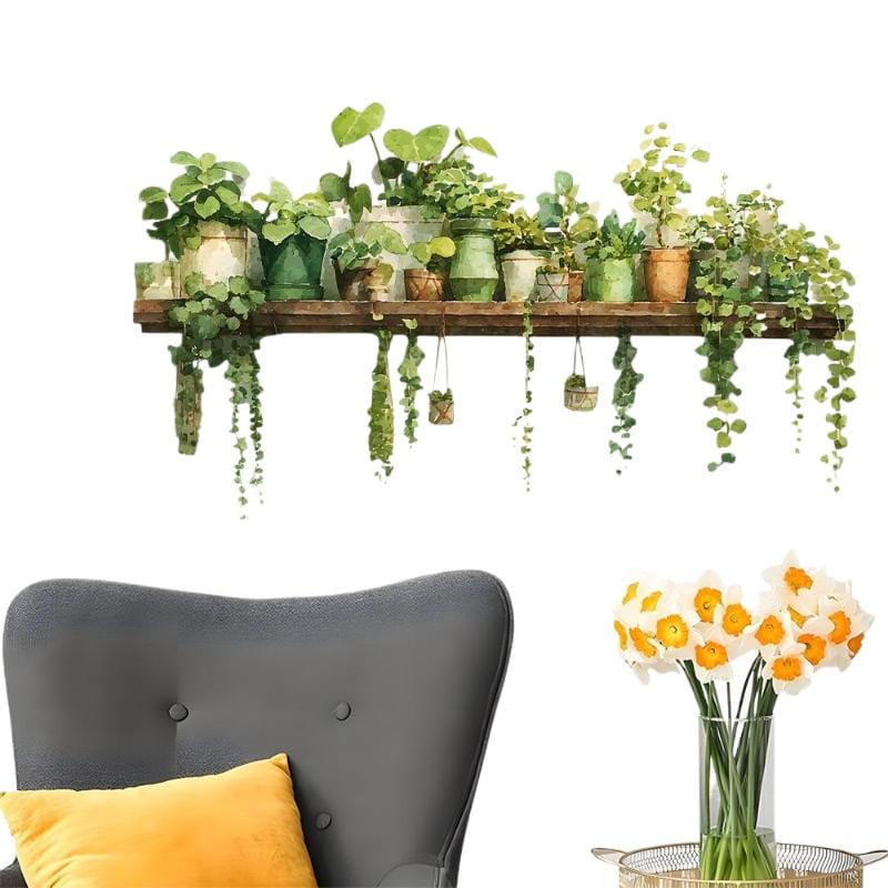 Rustic wooden shelf wall decal featuring green potted plants in assorted ceramic and metal pots with trailing vines for decorative home display.