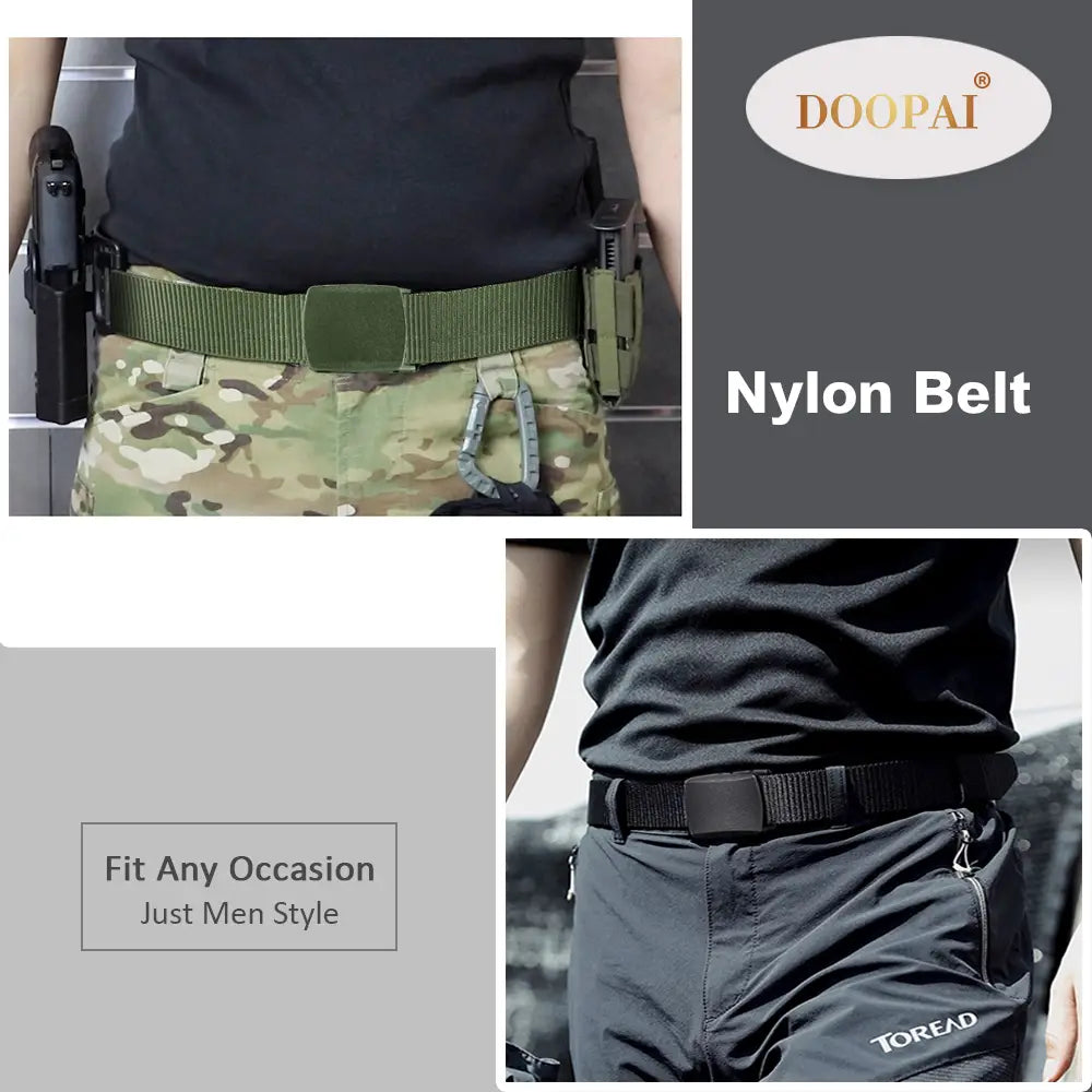 Olive green tactical nylon belt with a matte buckle and multiple attachment points designed for men outdoor use.