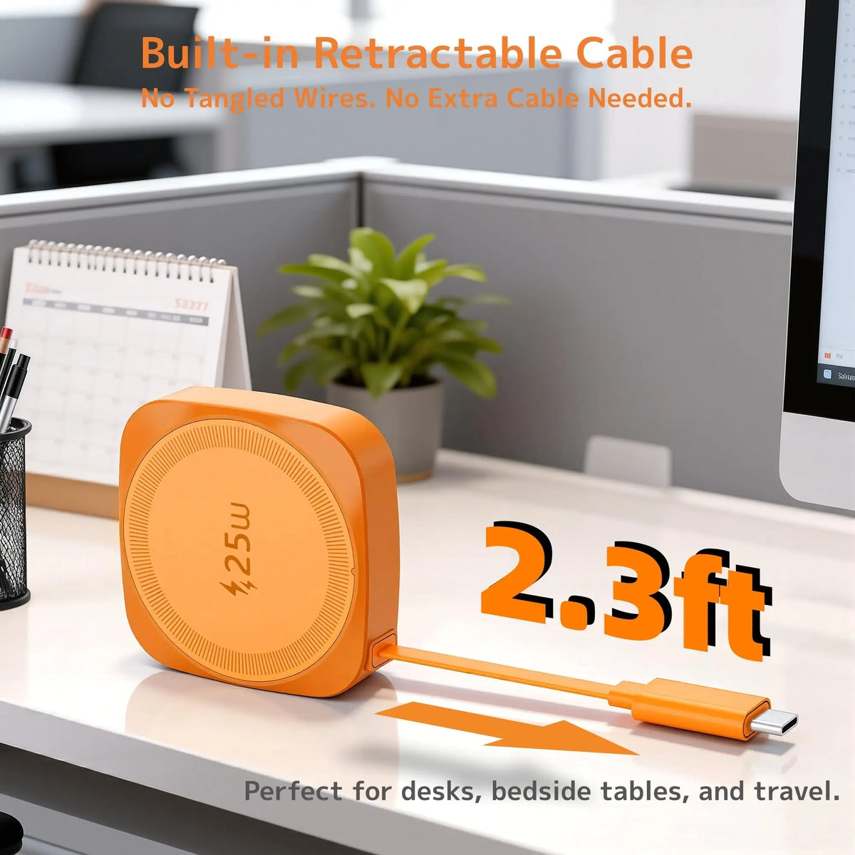 25W Wireless Charger with Retractable USB-C Cable Fast Qi2.2 Magnetic Charger for iPhone Airpods Portable Wireless Charging Pad