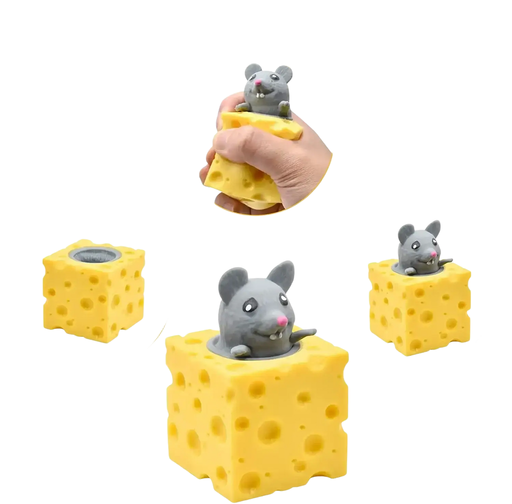Gray plastic cheese mouse with pink nose and white teeth emerging from yellow cheese-textured squeeze cheese cube