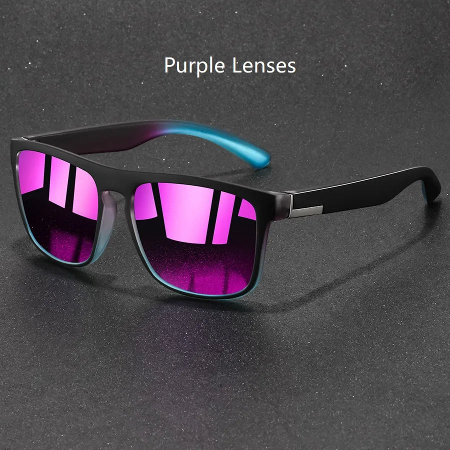 Vintage square luxury brand designer sunglasses featuring black frames with vibrant purple mirrored lenses and a subtle blue gradient on the temple tips.