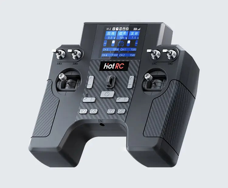 Black hotrc ht-8a remote control transmitter kit featuring carbon fiber textured grips and a digital display screen for precise channel management.