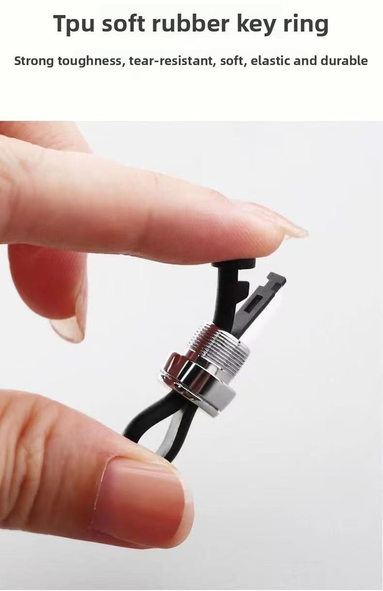 Mosquetón magnético de metal con llavero de goma blanda TPU negra, con broche metálico plateado y diseño elástico de anillo de llaves anti-pérdida.