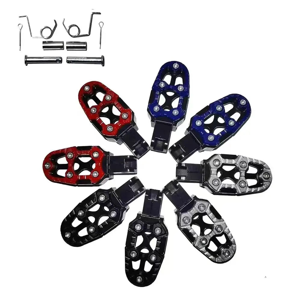 Cnc aluminum motorcycle foot pegs rear anti slip pedals in red blue black and silver with a textured grip surface.