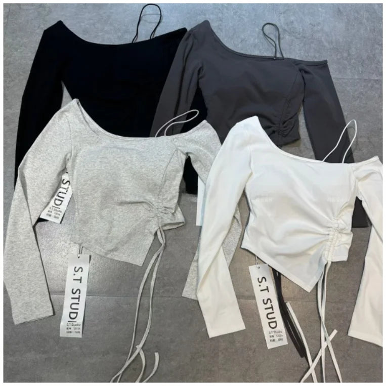 Fashionable Long Sleeve Shoulder Bared T Shirt for Women Slimming Versatile Hot Girl Style Casual Wear Polyester Fabric