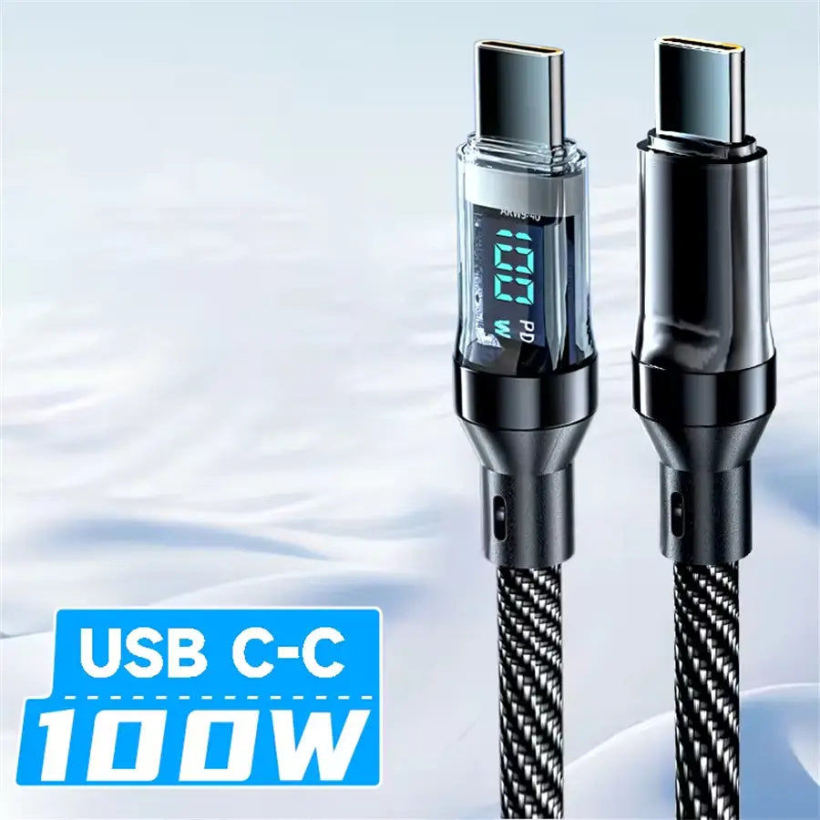 Black braided usb a to type c cable with a transparent digital display showing 120w fast charging power output.