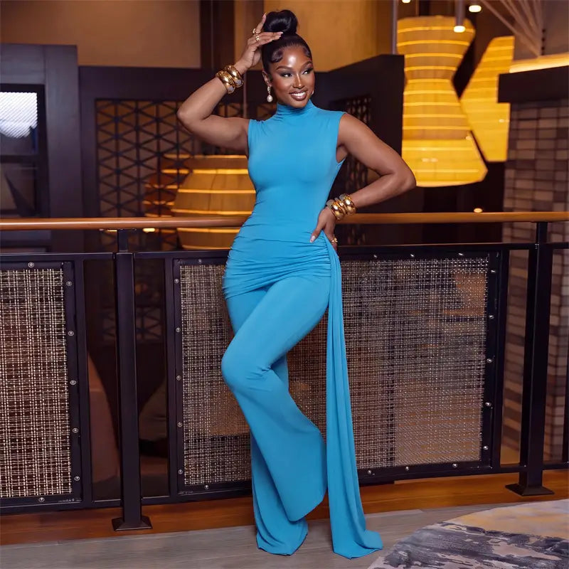 A vibrant blue piece sets woman ruched high neck flare outfit featuring a form-fitting jumpsuit with a side slit, wide-leg pants, and a concealed closure type.