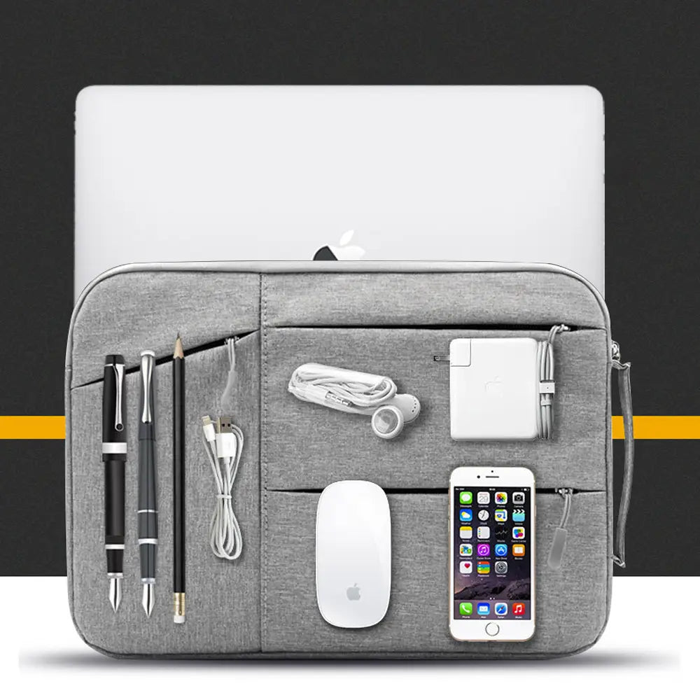 gray waterproof fabric laptop sleeve briefcase with multiple compartments holding pens cables a mouse and an iphone for 13 to 16 inch notebooks