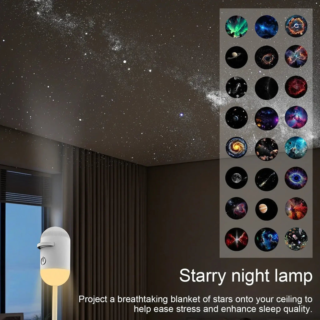 White cylindrical 2-in-1 usb car projector light night light with warm glow projecting starry night patterns