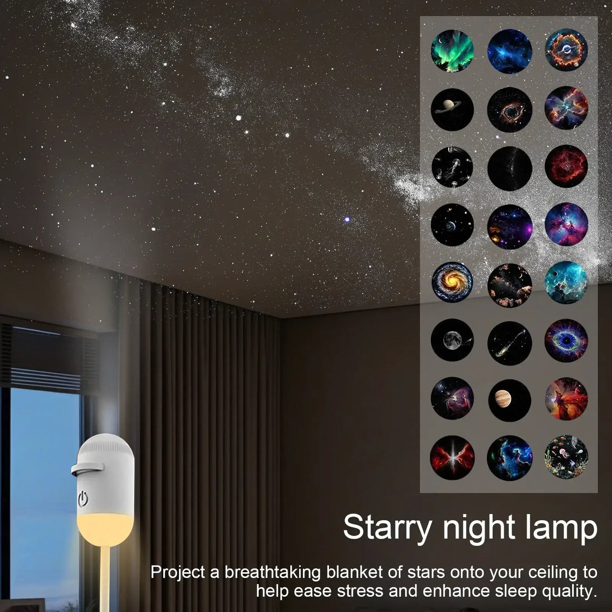 White cylindrical 2-in-1 usb car projector light night light with warm glow projecting starry night patterns