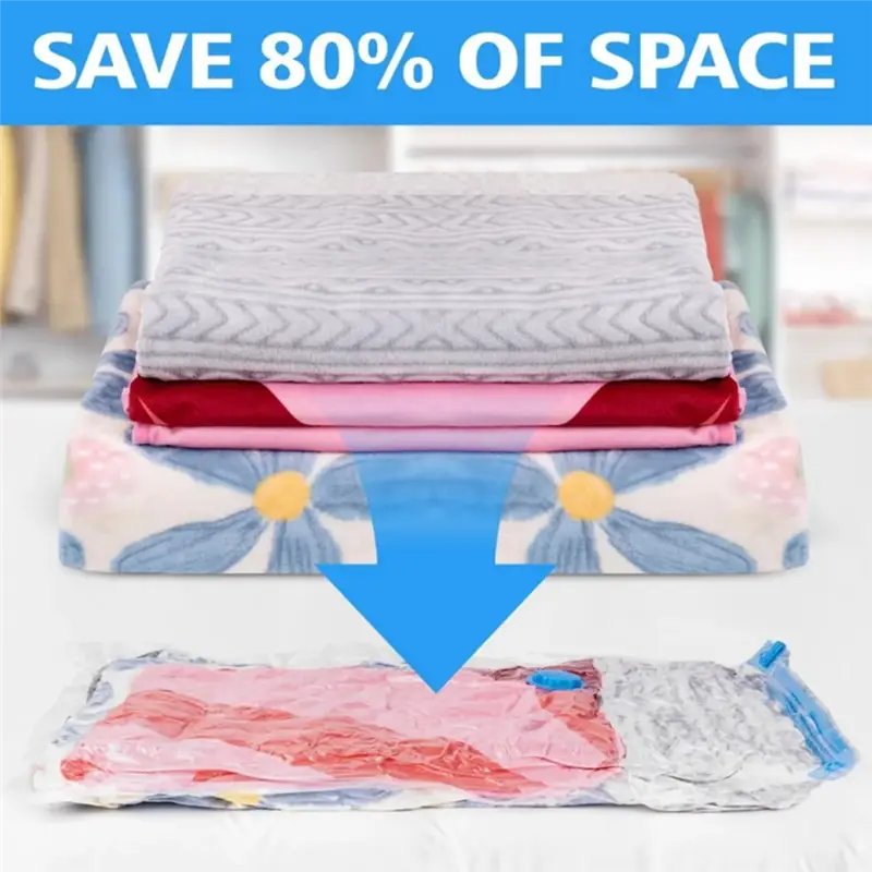 transparent vacuum storage bags set with blue valves and hand pump compressing folded blankets and clothing for space saving.