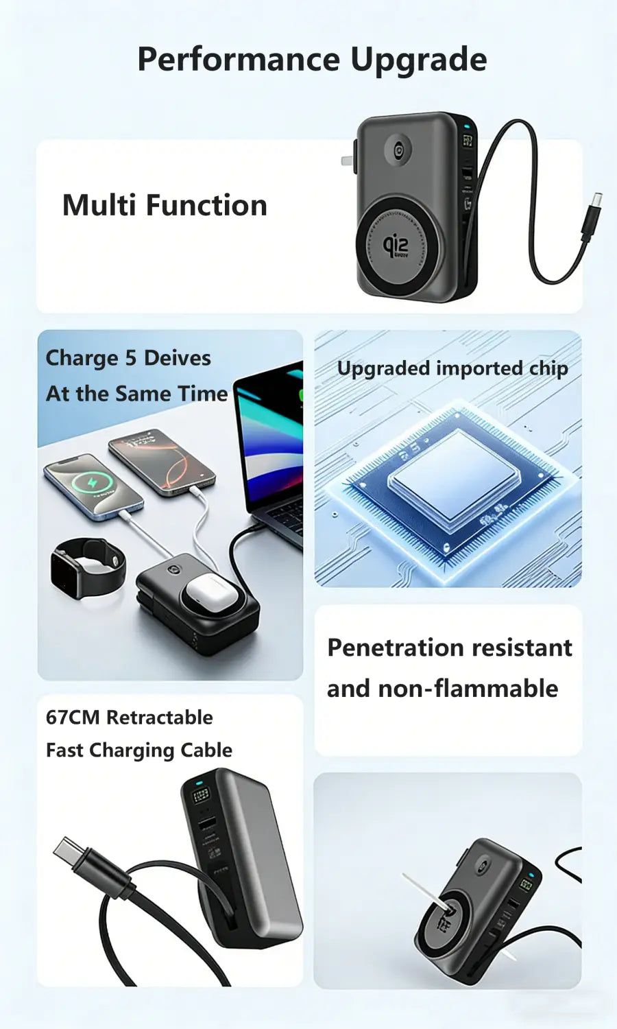 Batterie externe multifonction noire et argentée Qi2 à semi-conducteurs avec câble de charge rapide rétractable, offrant des capacités de charge sans fil magnétique.